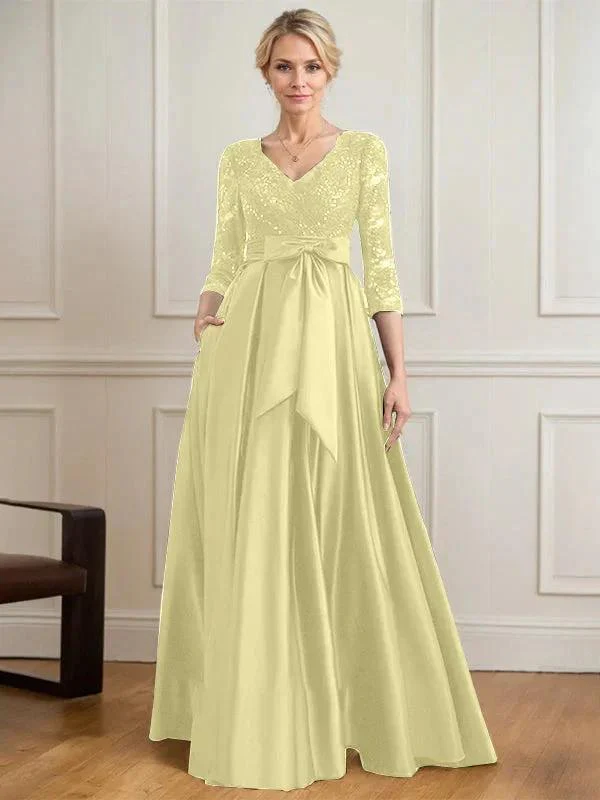 A-line V-Neck Floor-Length Satin Lace Mother of the Bride Dress With Sequins Bow - Image 46