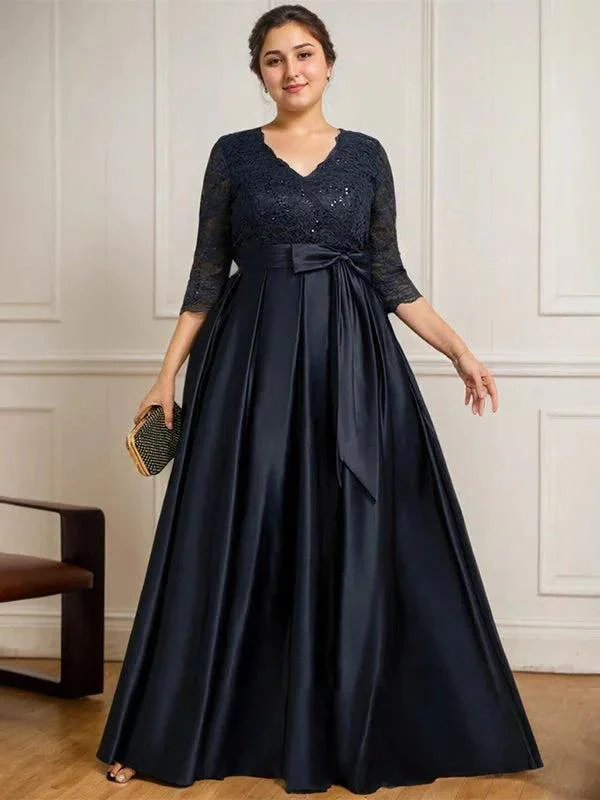 A-line V-Neck Floor-Length Satin Lace Mother of the Bride Dress With Sequins Bow - Image 5
