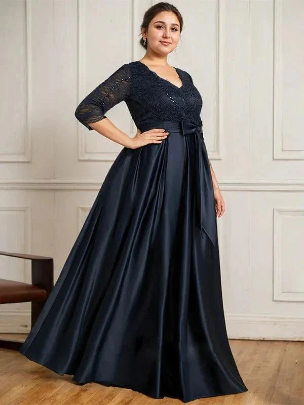 A-line V-Neck Floor-Length Satin Lace Mother of the Bride Dress With Sequins Bow - Image 7