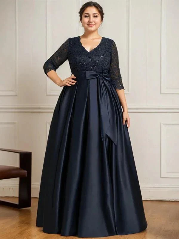 A-line V-Neck Floor-Length Satin Lace Mother of the Bride Dress With Sequins Bow - Image 8