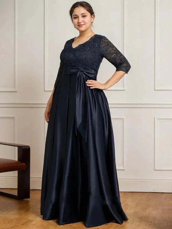 A-line V-Neck Floor-Length Satin Lace Mother of the Bride Dress With Sequins Bow - Image 9