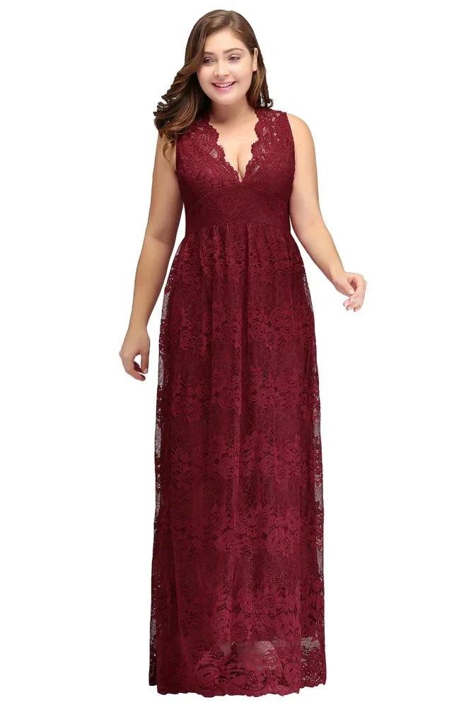 A-Line V-neck Floor Length Sleeveless Plus size Lace Burgundy Evening Dresses - Image 2