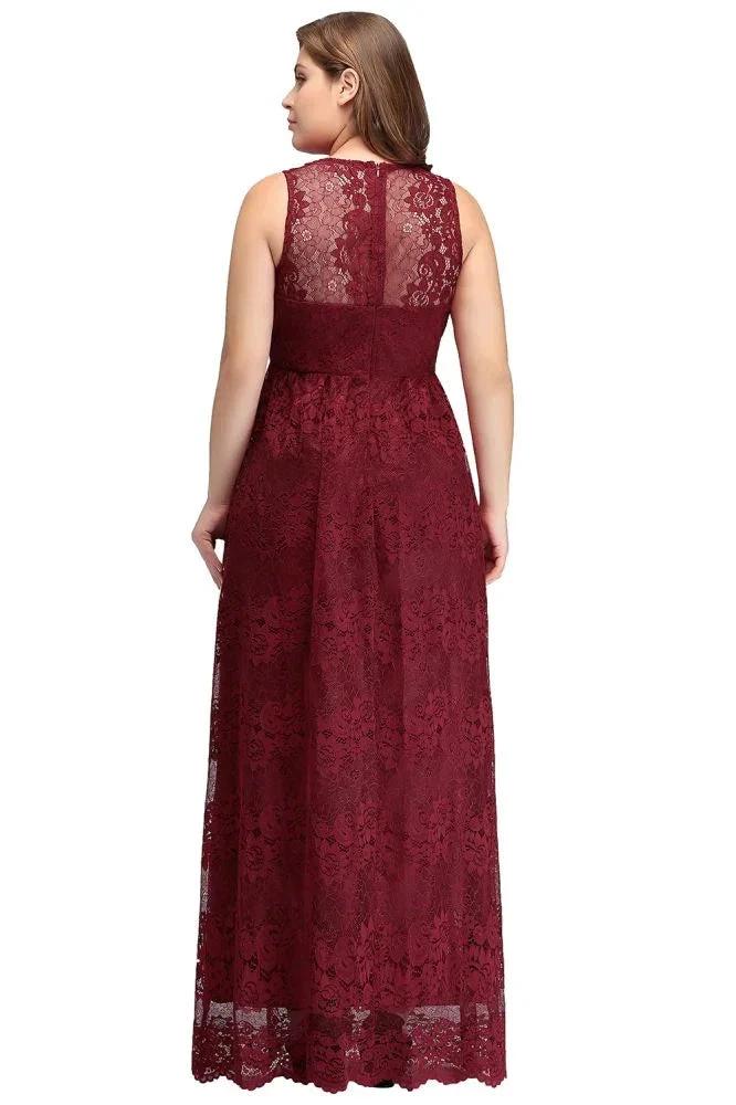 A-Line V-neck Floor Length Sleeveless Plus size Lace Burgundy Evening Dresses - Image 3