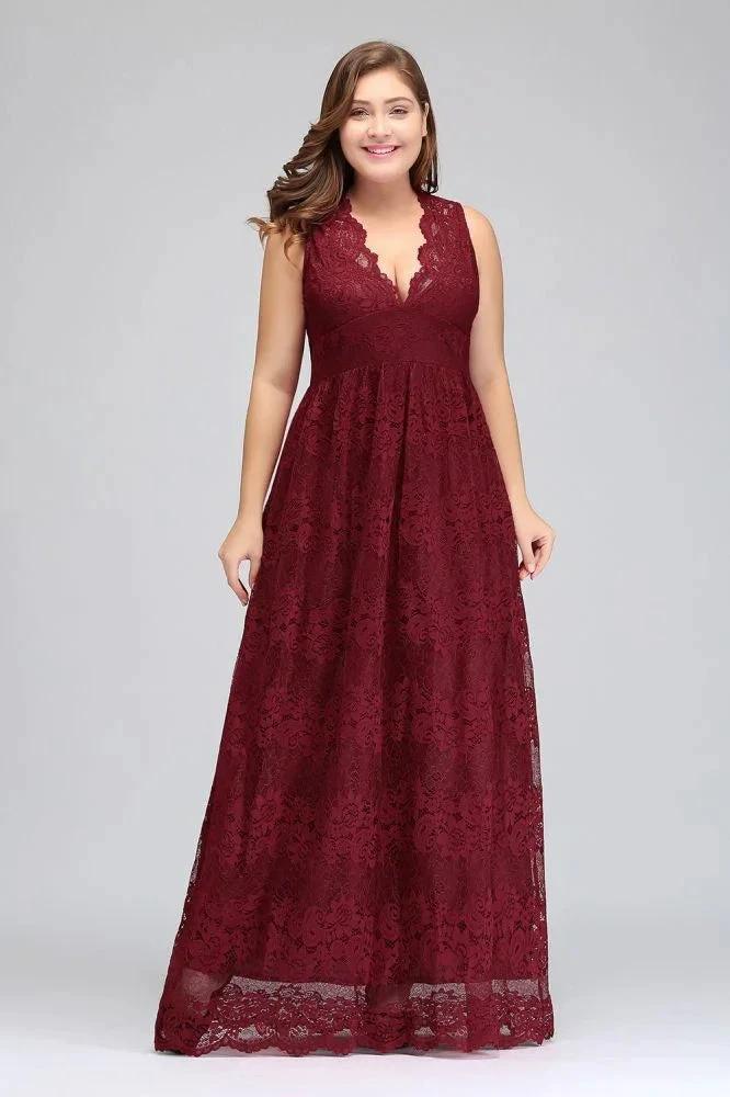 A-Line V-neck Floor Length Sleeveless Plus size Lace Burgundy Evening Dresses - Image 4