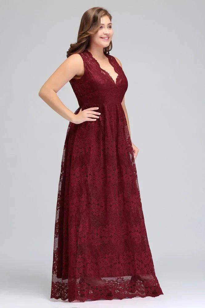 A-Line V-neck Floor Length Sleeveless Plus size Lace Burgundy Evening Dresses - Image 5