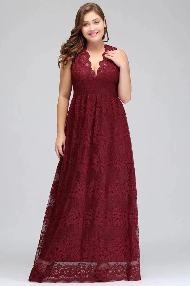 A-Line V-neck Floor Length Sleeveless Plus size Lace Burgundy Evening Dresses - Image 6