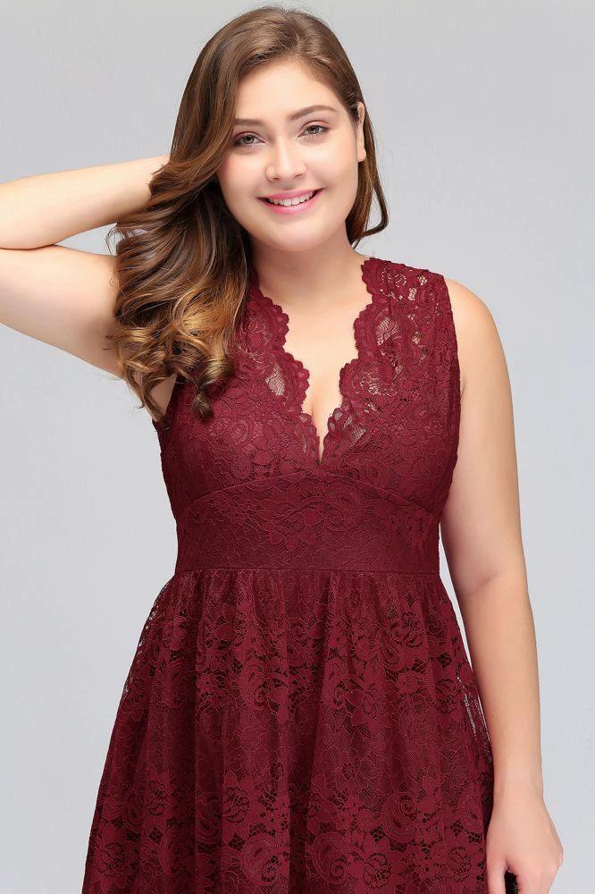 A-Line V-neck Floor Length Sleeveless Plus size Lace Burgundy Evening Dresses - Image 7