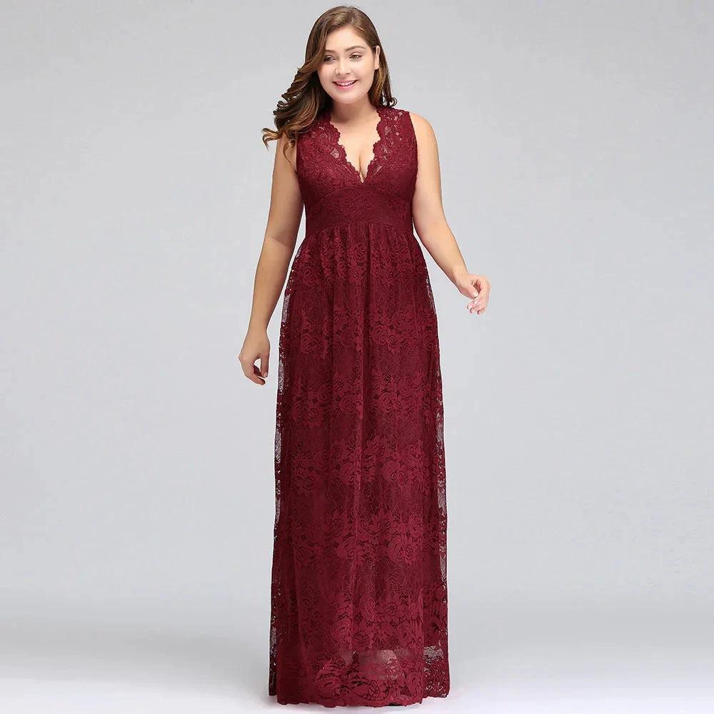 A-Line V-neck Floor Length Sleeveless Plus size Lace Burgundy Evening Dresses - Image 8