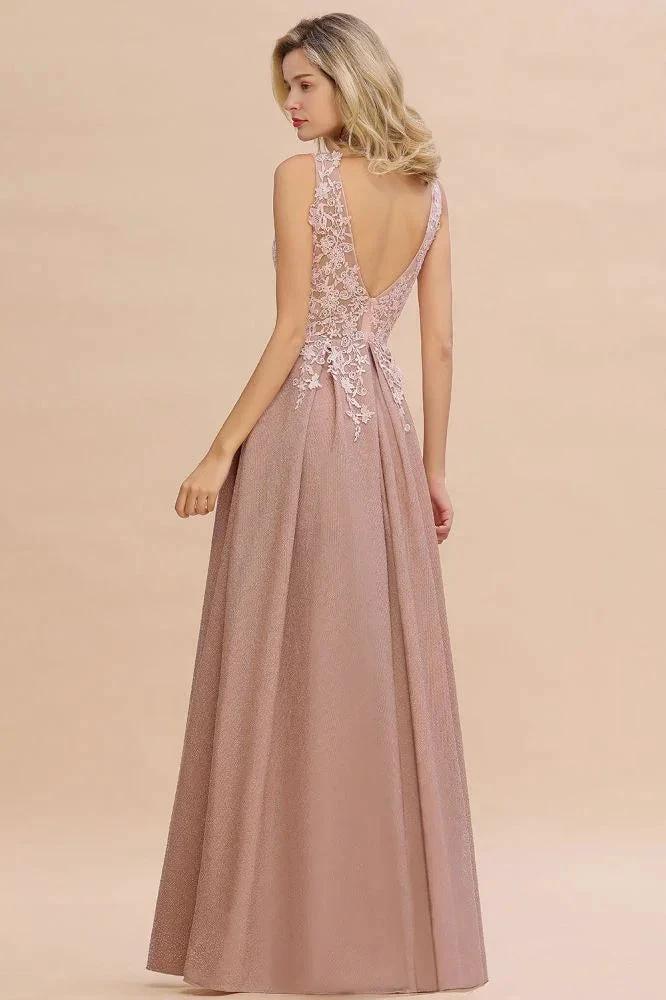 A-Line V-neck Floor-Length Tulle Sequined Prom Dresses - Image 2