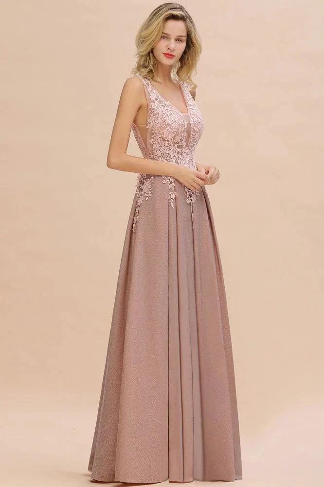 A-Line V-neck Floor-Length Tulle Sequined Prom Dresses - Image 5