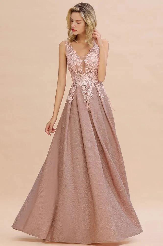 A-Line V-neck Floor-Length Tulle Sequined Prom Dresses - Image 6