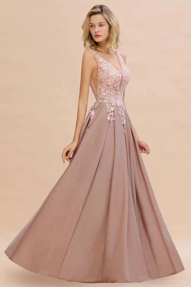 A-Line V-neck Floor-Length Tulle Sequined Prom Dresses - Image 7