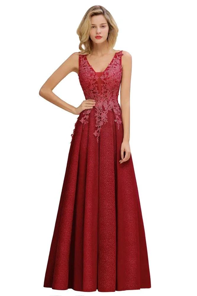 A-Line V-neck Floor-Length Tulle Sequined Prom Dresses - Image 8