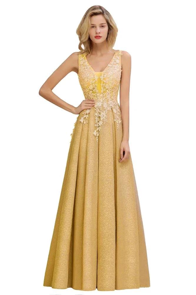 A-Line V-neck Floor-Length Tulle Sequined Prom Dresses - Image 9