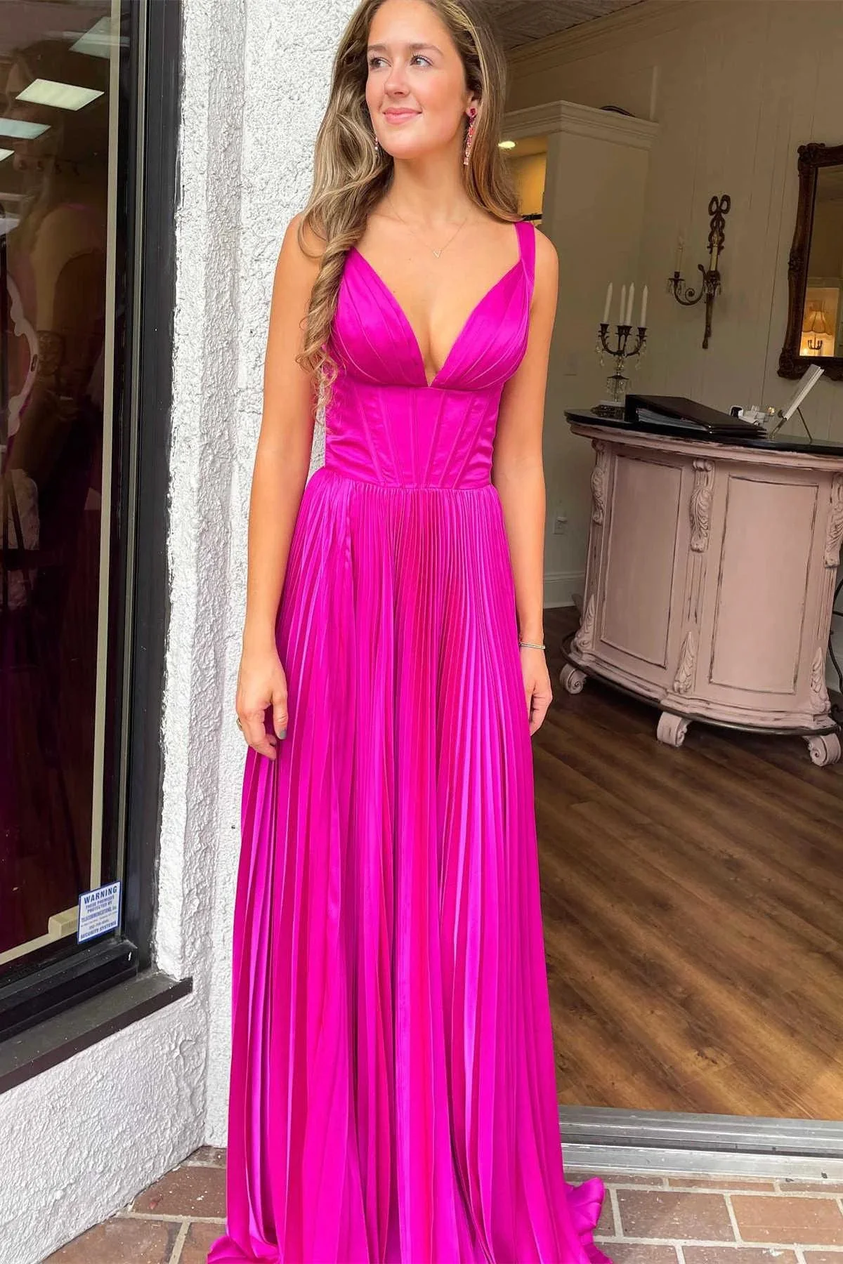 Luella | A-Line V-Neck Fuchsia Pleated Long Prom Dress - Image 2
