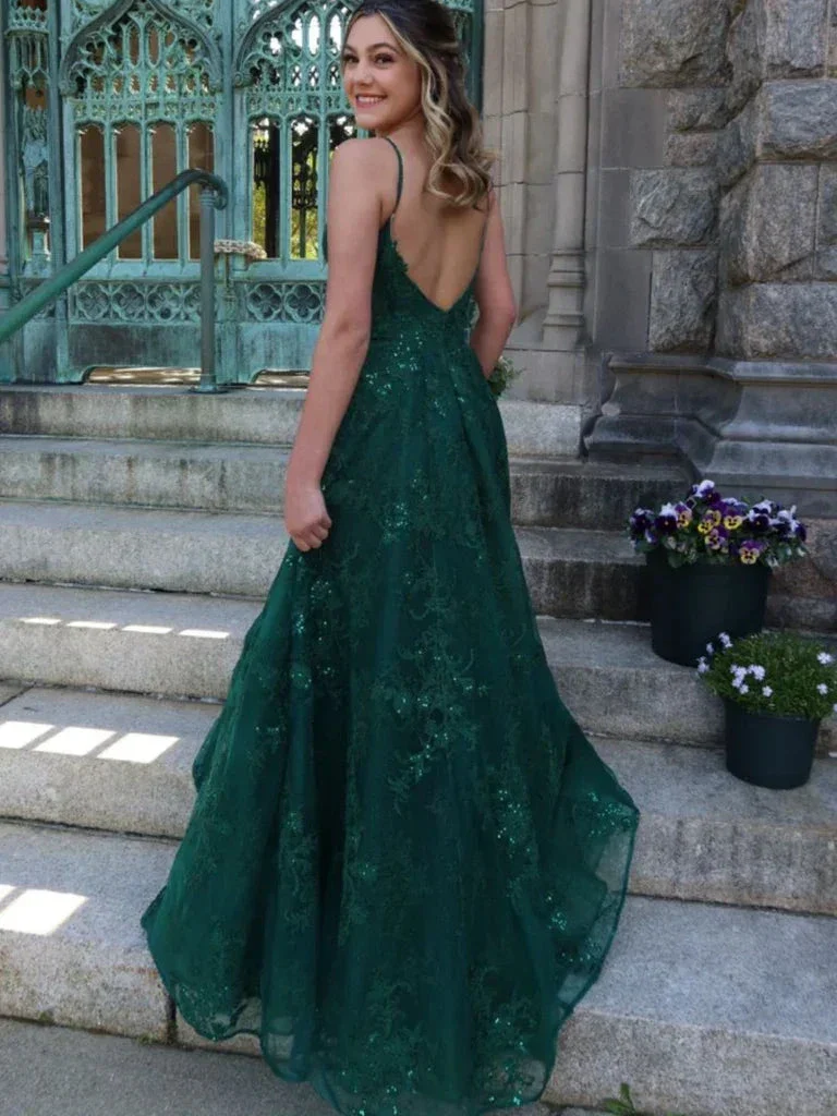 A Line V Neck Green Lace Long Prom Dresses, Green Lace Formal Dresses, Green Evening Dresses Y4079 - Image 2