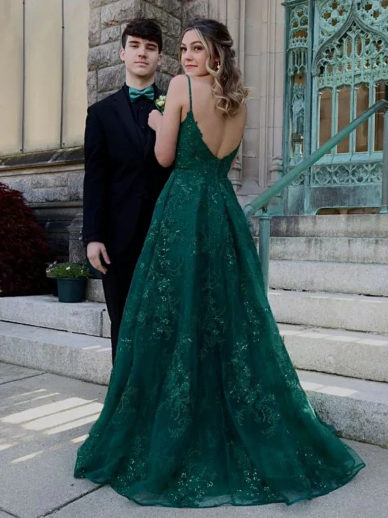 A Line V Neck Green Lace Long Prom Dresses, Green Lace Formal Dresses, Green Evening Dresses Y4079 - Image 3