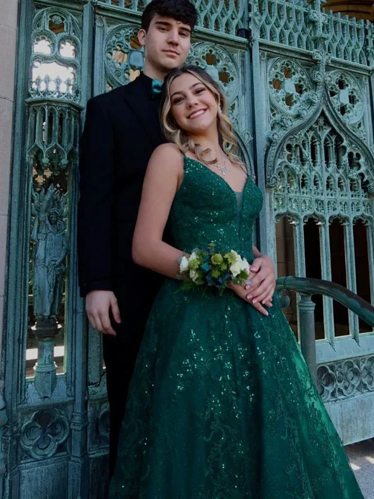 A Line V Neck Green Lace Long Prom Dresses, Green Lace Formal Dresses, Green Evening Dresses Y4079 - Image 4