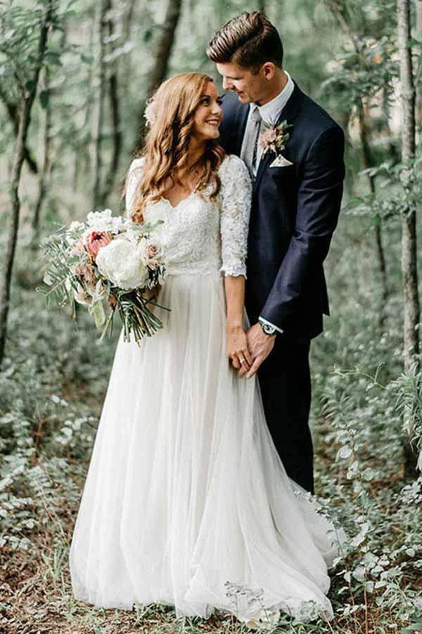 A-Line V-Neck Half Sleeves Backless Tulle Wedding Dress with Appliques  WD370 - Image 2