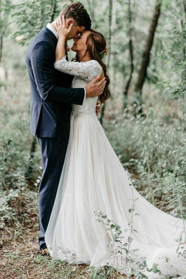 A-Line V-Neck Half Sleeves Backless Tulle Wedding Dress with Appliques  WD370 - Image 3