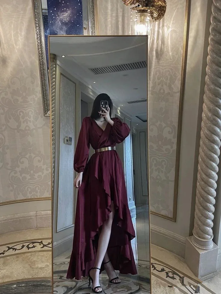 A-line V Neck Hi-low Evening Dress With Long Sleeves  Y4522 - Image 2
