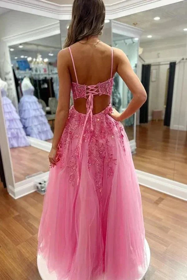 A Line V Neck Hot Pink Lace Long Prom Dresses with Slit PSK551 - Image 2
