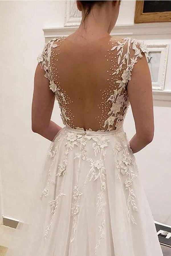 A Line V Neck Ivory Lace Fairy Long Wedding Dresses with Appliques  WD382 - Image 2