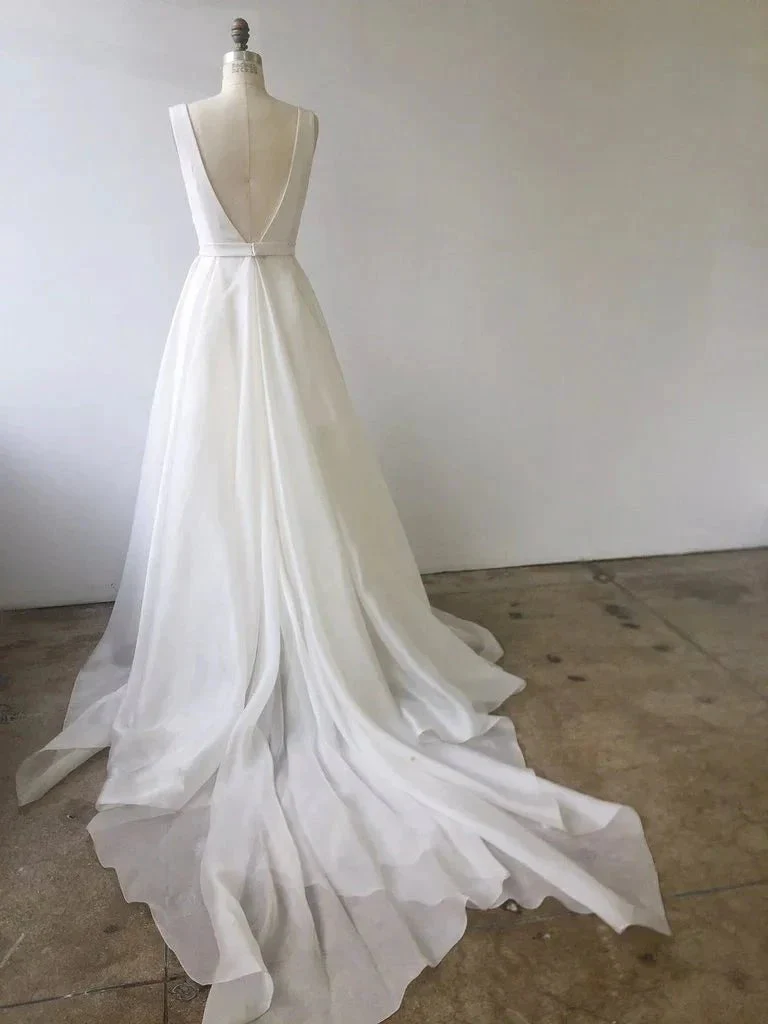 A-line V Neck Ivory Prom Dresses Wedding Dresses With Court Train  PM233 - Image 2