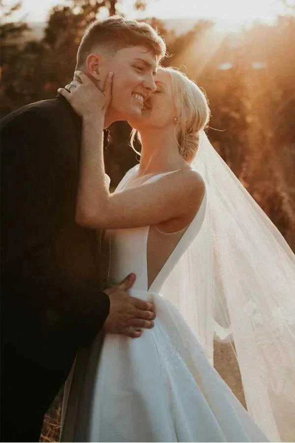 A-line V Neck Ivory Satin Simple Elegant Wedding Dresses WD488 - Image 4