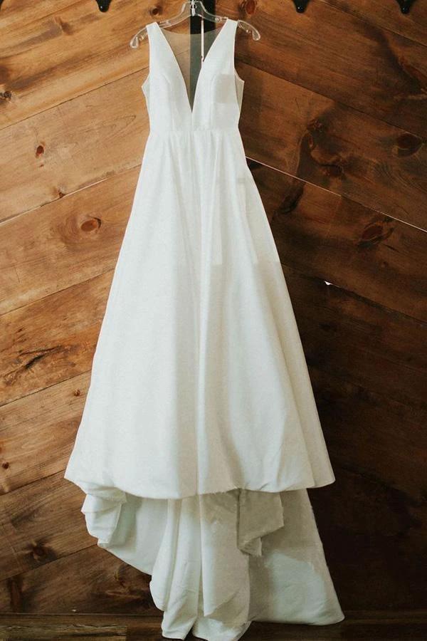 A-line V Neck Ivory Satin Simple Elegant Wedding Dresses WD488 - Image 5