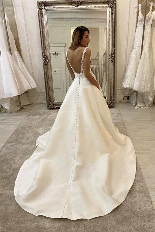 A-Line V-neck Ivory Satin Simple Wedding Dress Backless Bridal Gowns  WD470 - Image 2