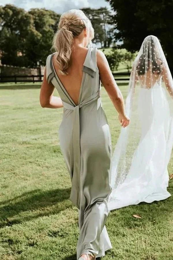 Sheath V-Neck Sage Green Bridesmaid Dresses with Bow Tie BD139 - Image 4