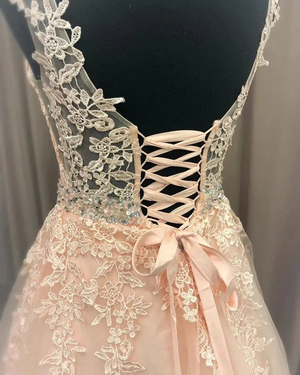 A Line V Neck Lace Long Formal Graduation Evening Prom Dresses with Belt - Image 2