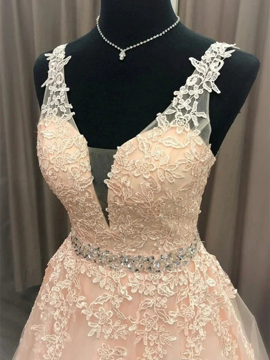 A Line V Neck Lace Long Formal Graduation Evening Prom Dresses with Belt - Image 3