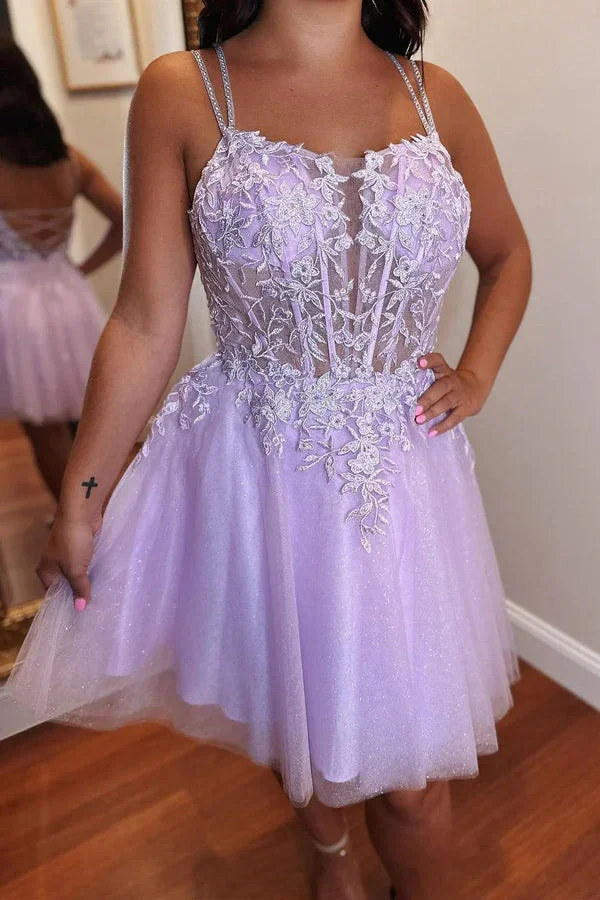 A-line Appliques Lace-Up Tulle Lavender Homecoming Dress PD508 - Image 2