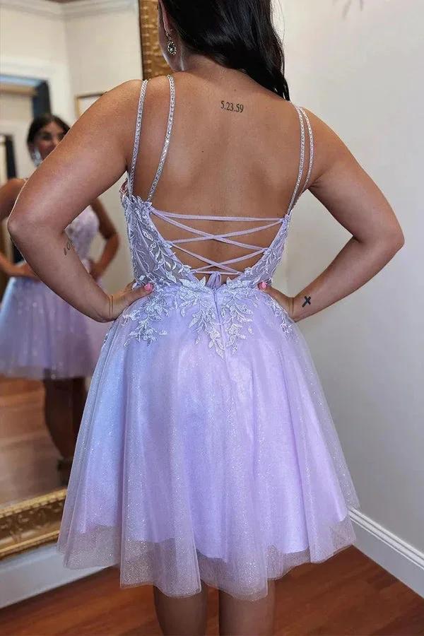 A-line Appliques Lace-Up Tulle Lavender Homecoming Dress PD508 - Image 3