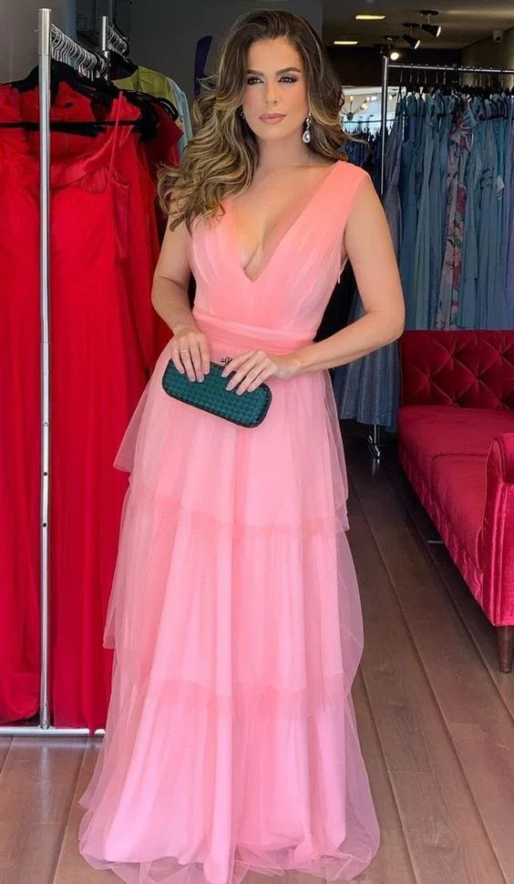 A Line V Neck Layered Pink Prom Dresses Long V Neck Pink Formal Evening Dresses Y5008 - Image 2