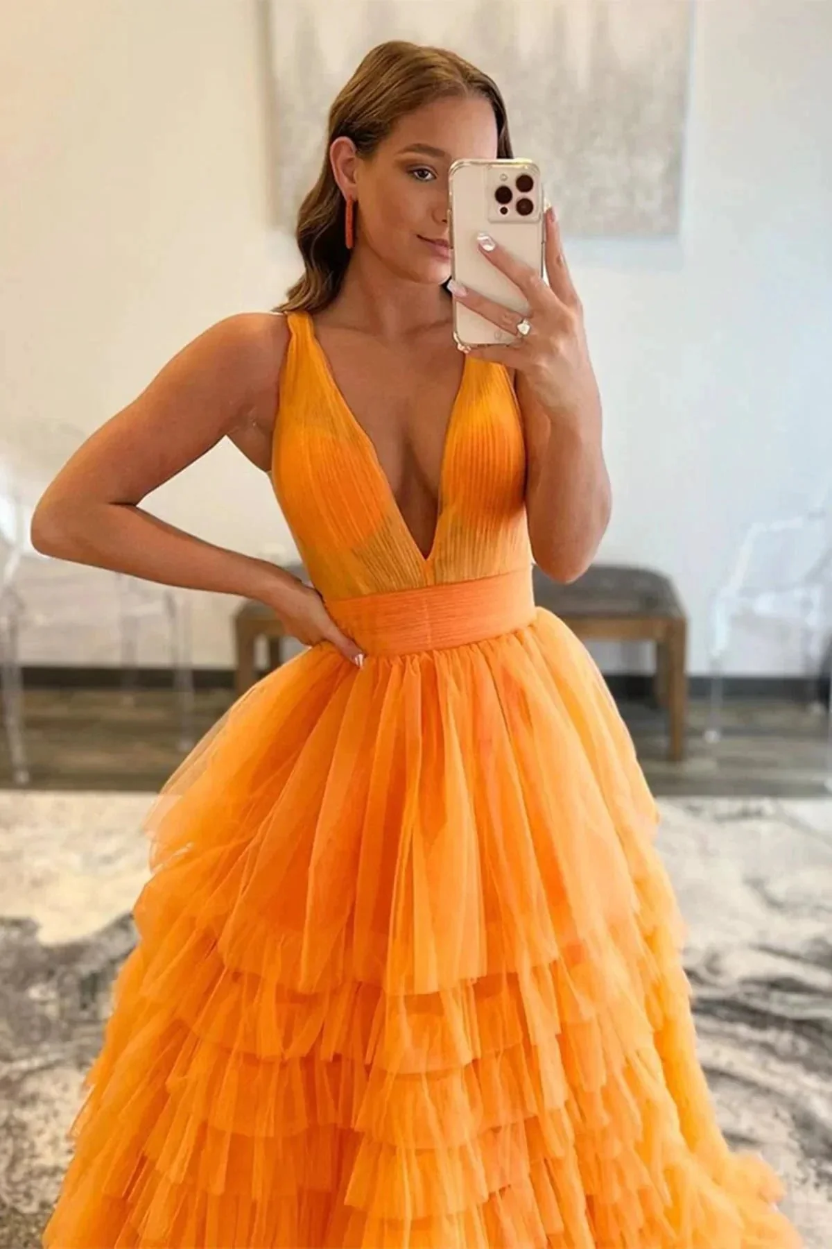 A-line V Neck Layered Tulle Long Prom Dresses Orange Formal Evening Gowns - Image 2
