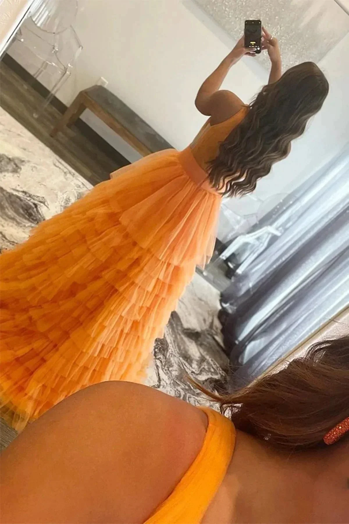 A-line V Neck Layered Tulle Long Prom Dresses Orange Formal Evening Gowns - Image 3