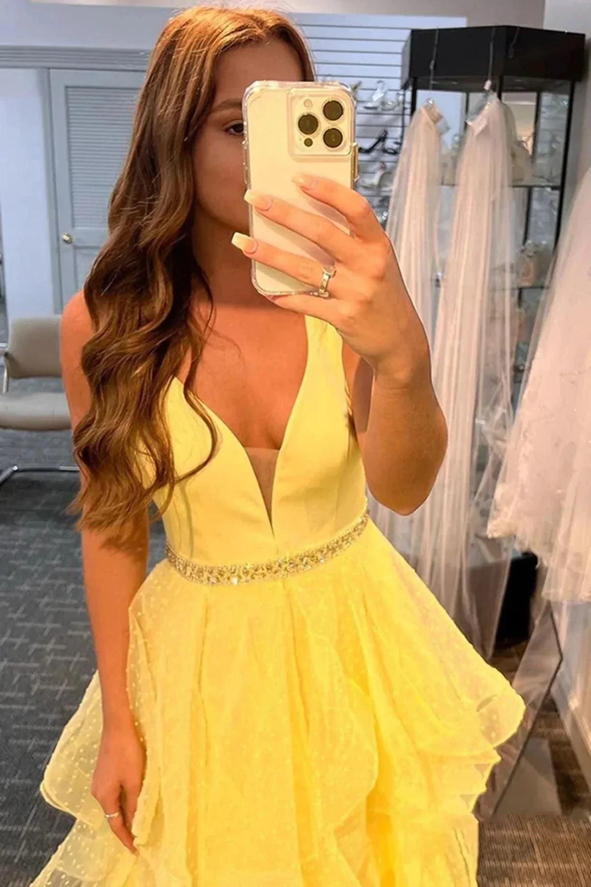 A-line V Neck Layered Tulle Long Prom Dresses with Belt Yellow Formal Graduation Evening Gowns - Image 2