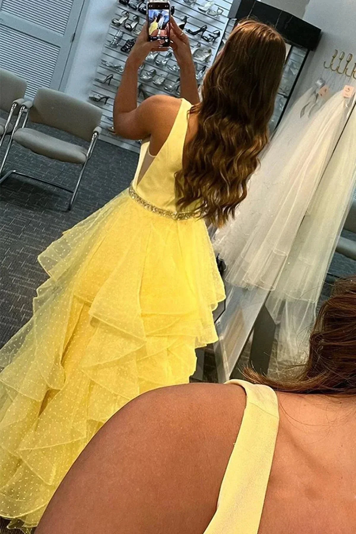 A-line V Neck Layered Tulle Long Prom Dresses with Belt Yellow Formal Graduation Evening Gowns - Image 3