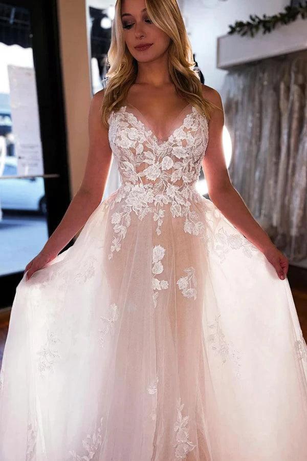 A-line V Neck Light Champagne Tulle Ivory Lace Wedding Dress WD595 - Image 2