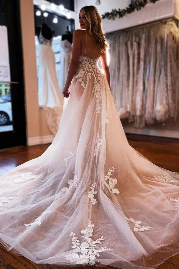 A-line V Neck Light Champagne Tulle Ivory Lace Wedding Dress WD595 - Image 3