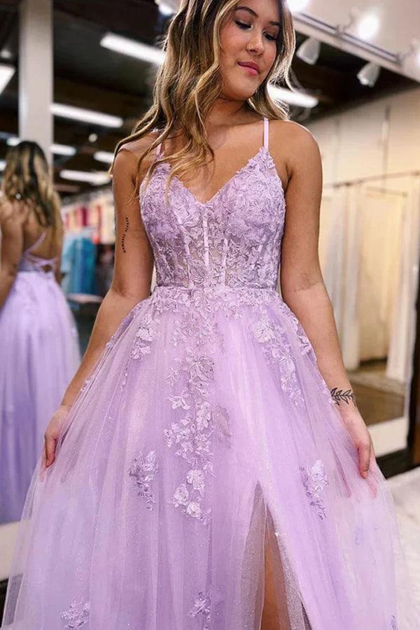 A-Line V Neck Lilac Tulle Long Slit Prom Dress Evening Dress  PSK405 - Image 2