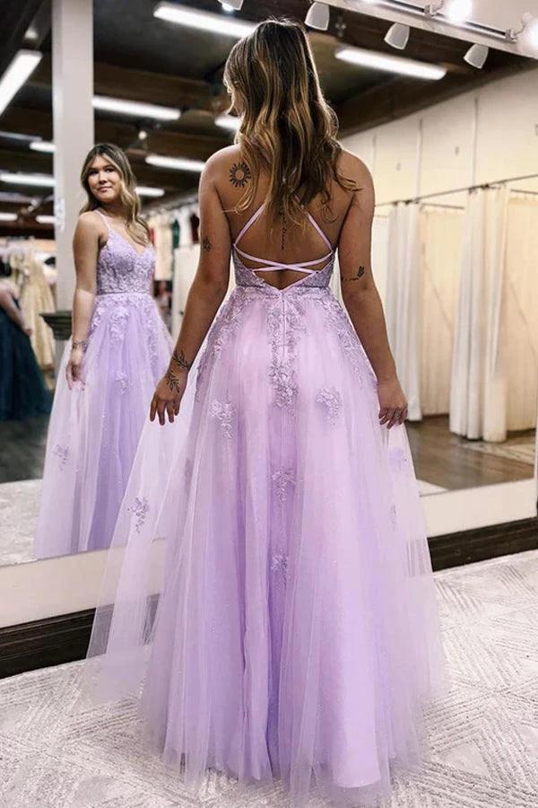 A-Line V Neck Lilac Tulle Long Slit Prom Dress Evening Dress  PSK405 - Image 3