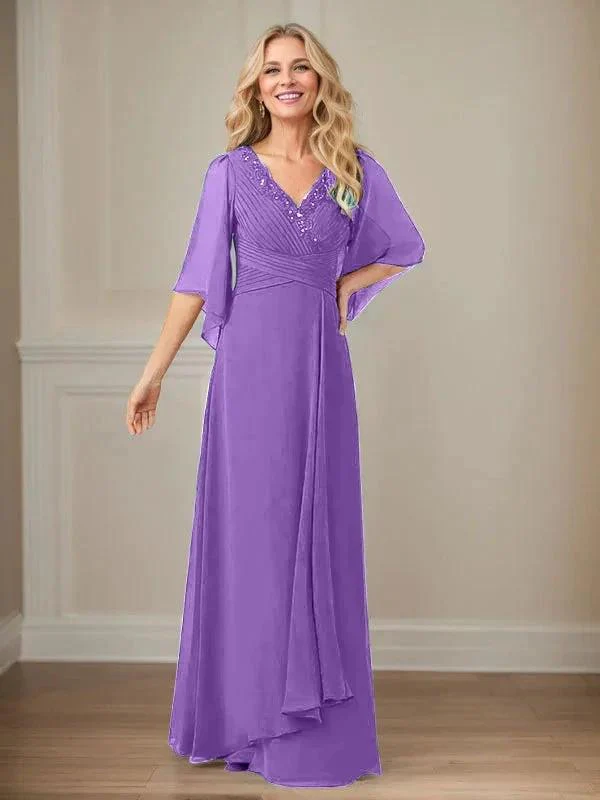 A-Line V-Neck Long Sequins Chiffon Mother Dress - Image 36