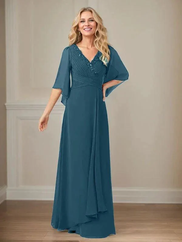 A-Line V-Neck Long Sequins Chiffon Mother Dress - Image 40