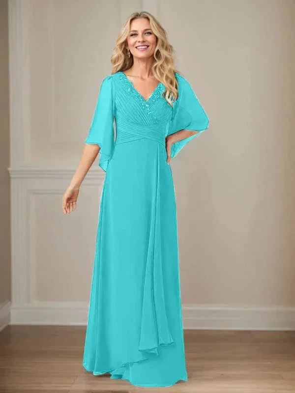 A-Line V-Neck Long Sequins Chiffon Mother Dress - Image 41