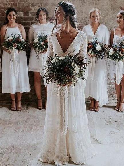 A-line V neck Long Sleeve Wedding Dress Rustic Boho Wedding Dress WD516 - Image 2