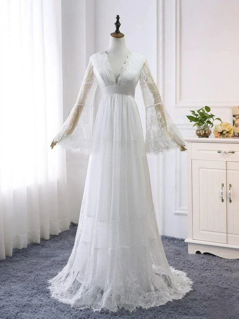 A-line V neck Long Sleeve Wedding Dress Rustic Boho Wedding Dress WD516 - Image 3